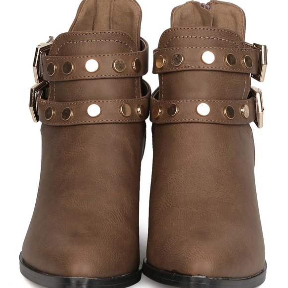 Pointy Toe Gold Round Studded Buckled Cutout Block Heel Ankle Booties - Picture 5 of 6